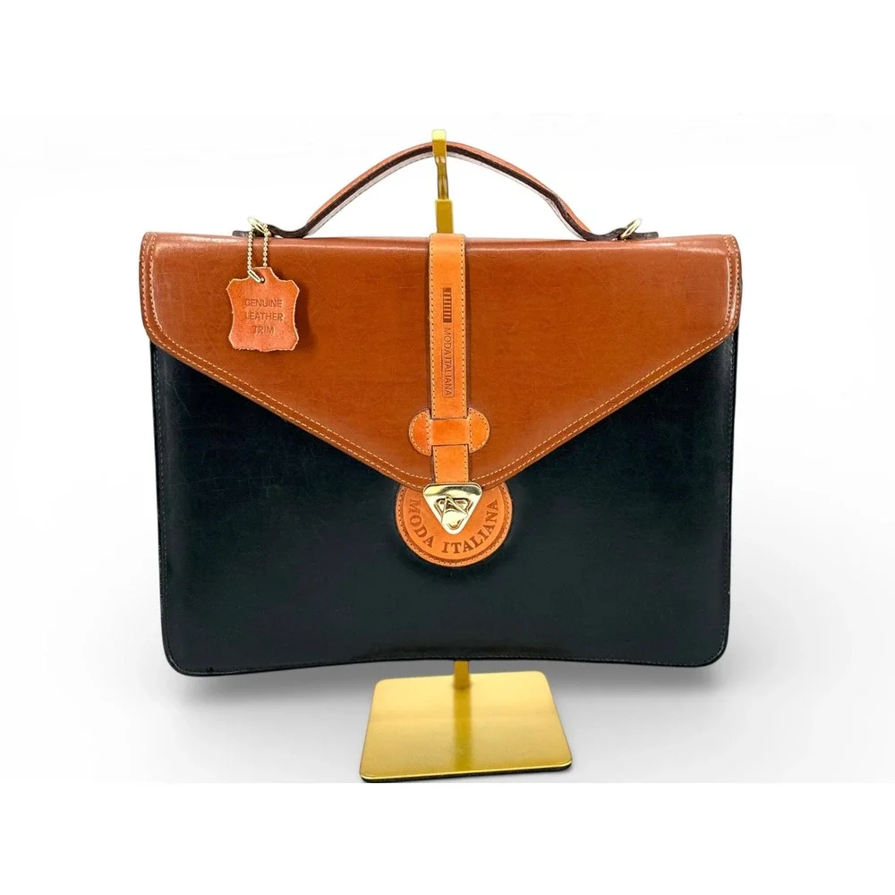 Vintage Moda Italiana Black Brown Leather Briefcase Document Bag
